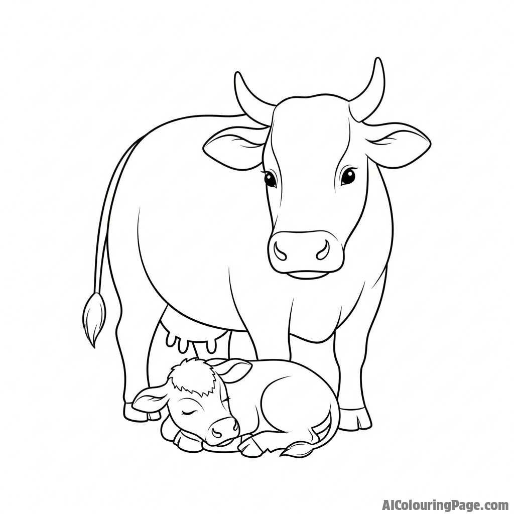 A protective mother cow standing guard over her sleeping newborn calf.