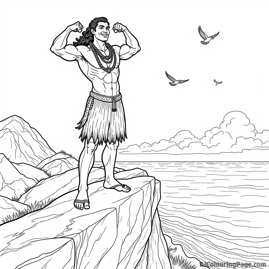 Maui playfully flexing his muscles on a rocky cliff overlooking the ocean, with birds soaring in the sky.