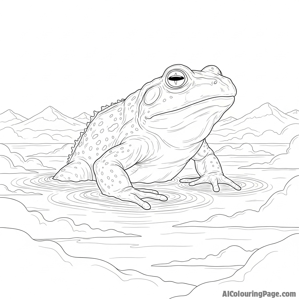 A massive, godzilla-sized frog emerging from a foggy lake.