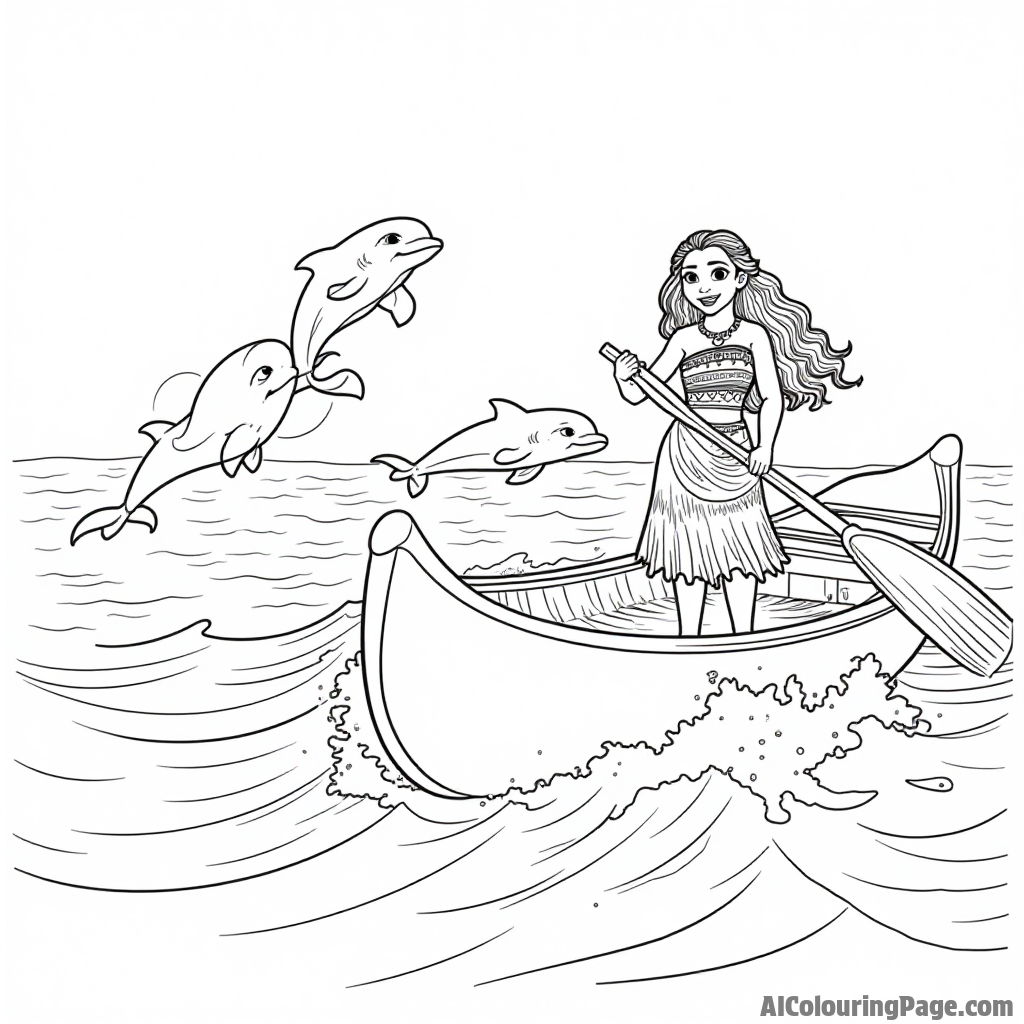 A group of dolphins leaping joyfully in the ocean waves while Moana watches from her canoe, smiling brightly.