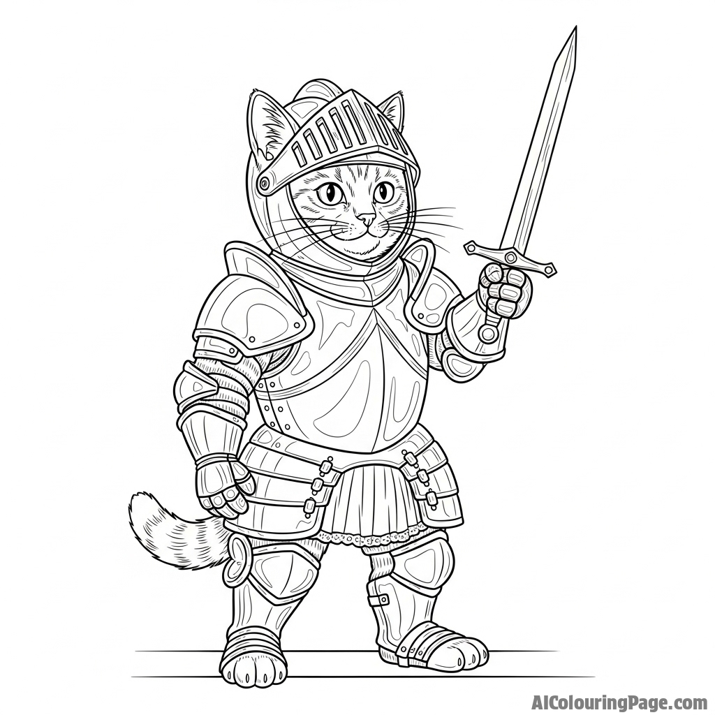 A cat as a knight in shining armor, holding a tiny sword.
