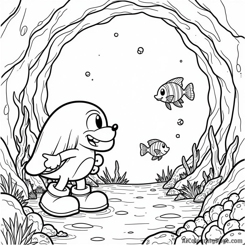 Knuckles exploring an underwater cavern, with colorful fish swimming around and hidden treasures waiting to be discovered.