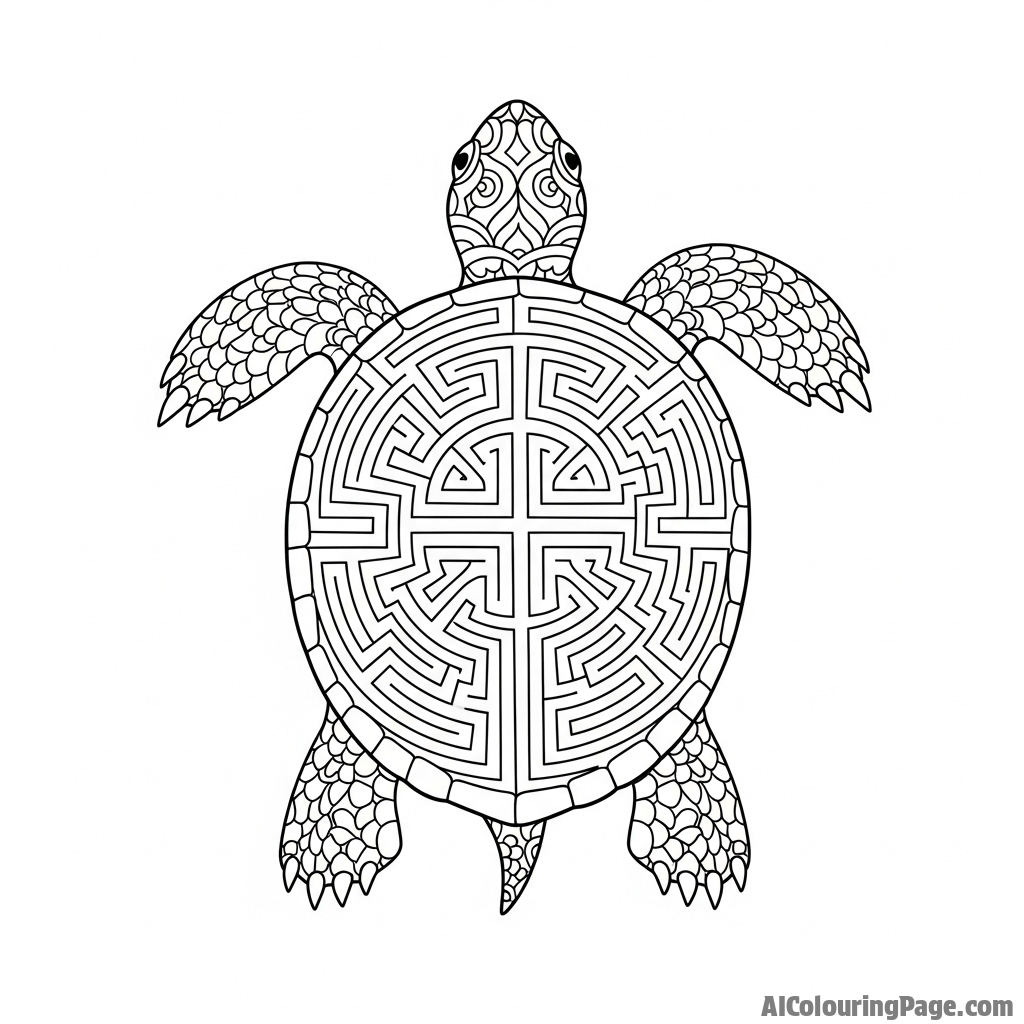 A turtle's shell patterned like an ancient, intricate labyrinth.