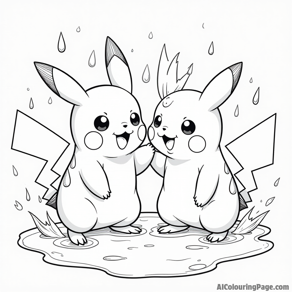 Pikachu and a playful Togepi splashing in a puddle with raindrops falling around them