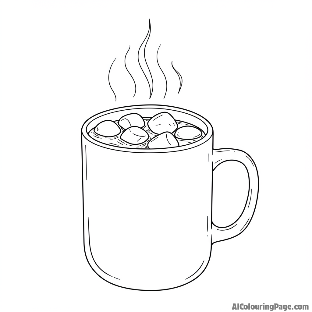 Hot cocoa steaming in a mug, with marshmallows floating on top, comforting warmth.