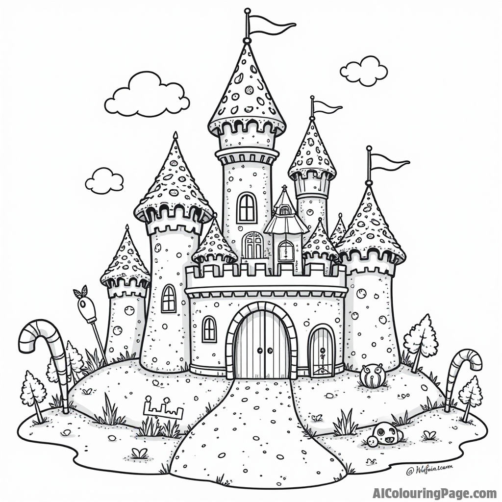 A magical donut castle with candy cane towers and a chocolate moat, inhabited by whimsical characters and creatures.