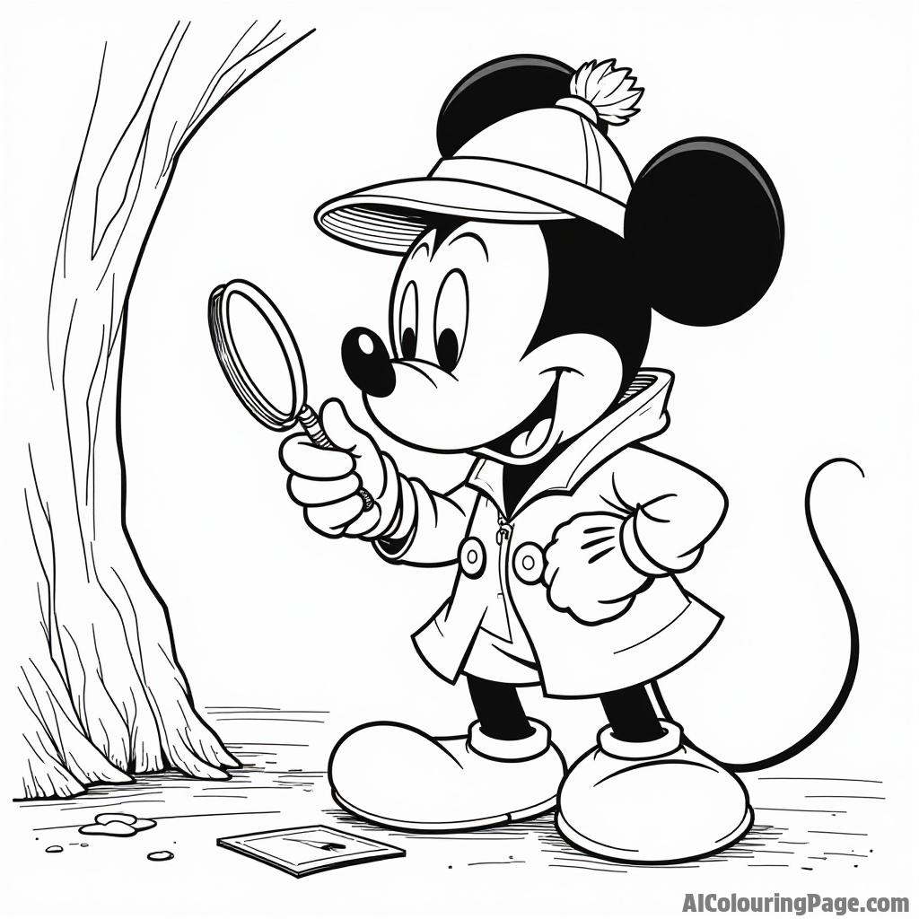 Mickey Mouse as a detective, magnifying glass in hand, investigating clues at a mysterious crime scene.