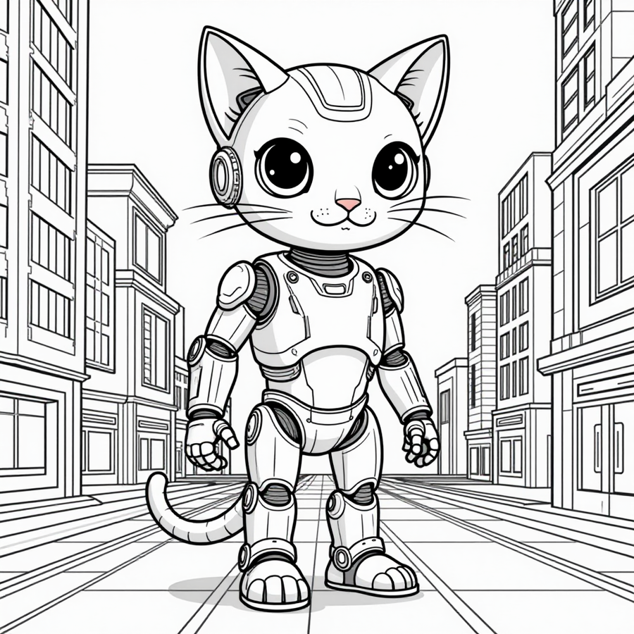 Robot cat in a futuristic city