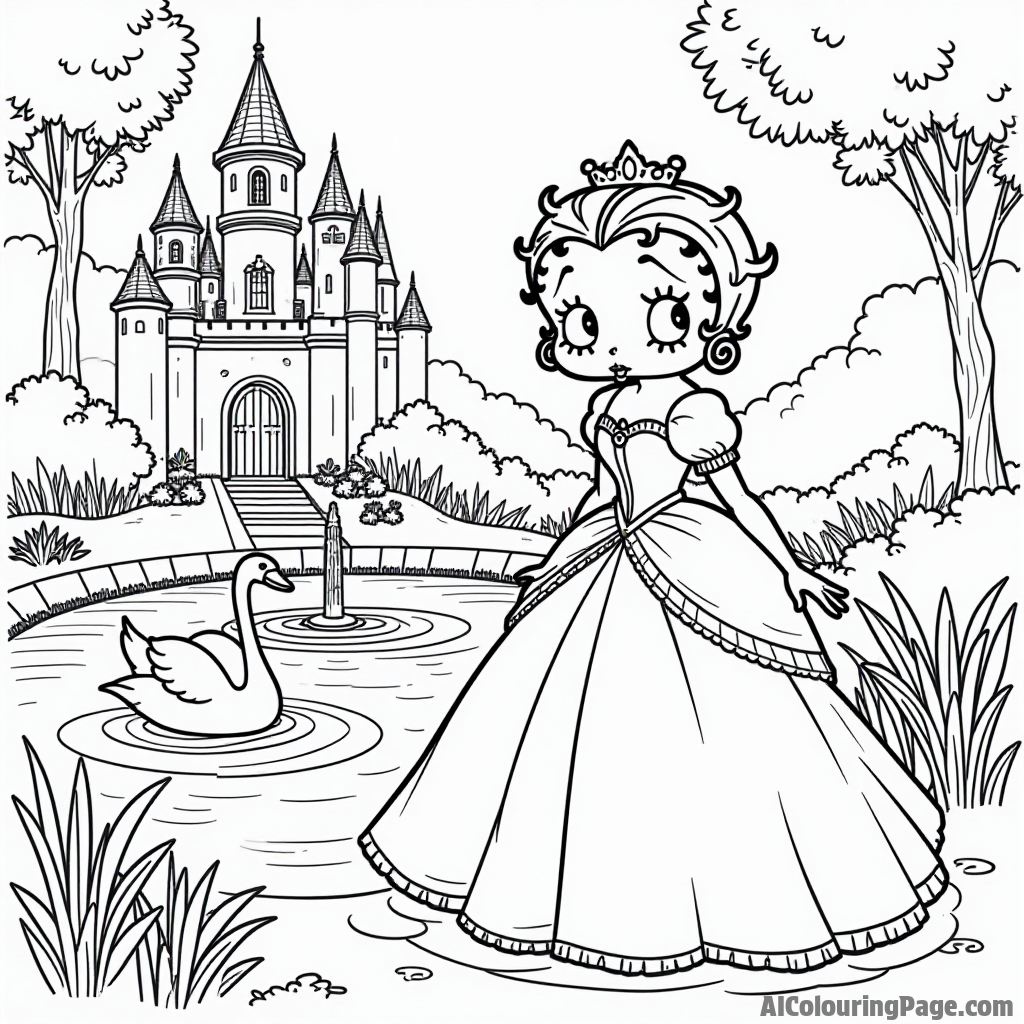 Betty Boop dressed as a princess in a castle garden with a fountain and swans swimming in the pond