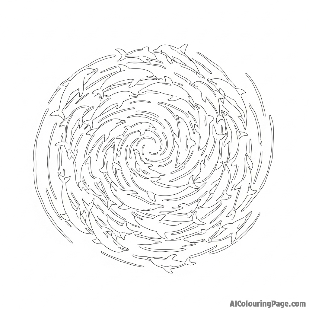 A top-down aerial drone view of a dolphin pod creating intricate, swirling patterns in the water.