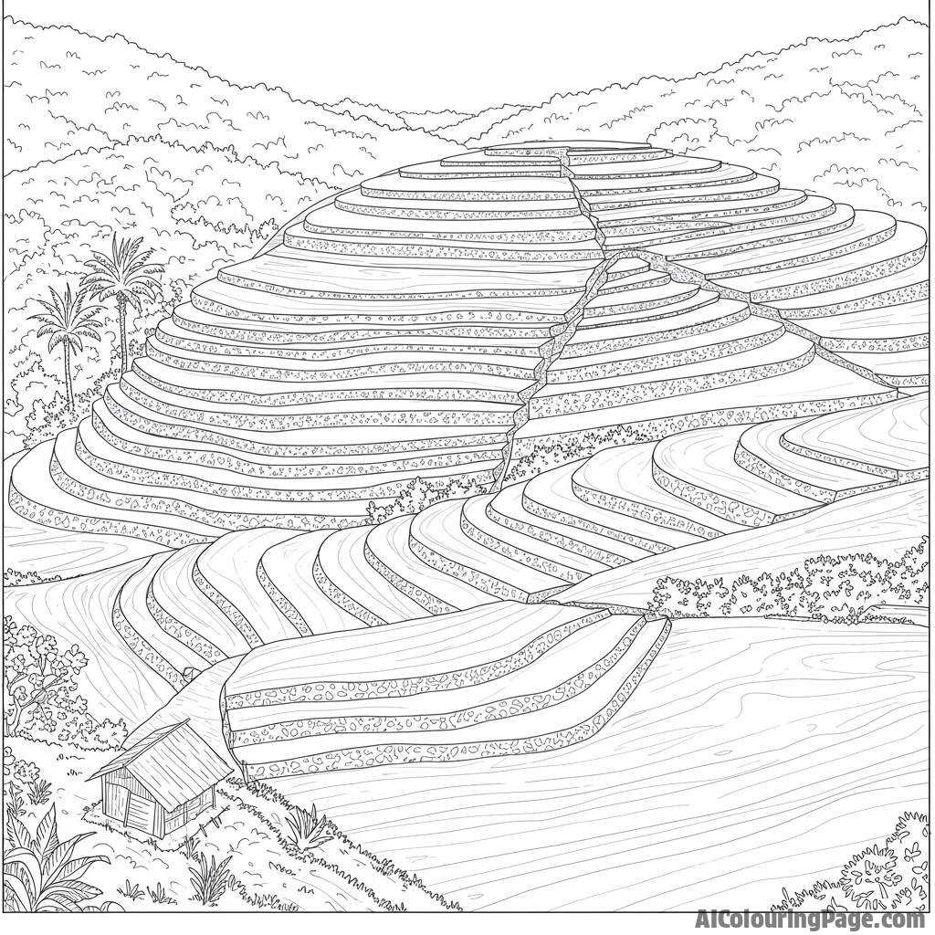 Terraced farming on a hillside, preventing soil erosion.
