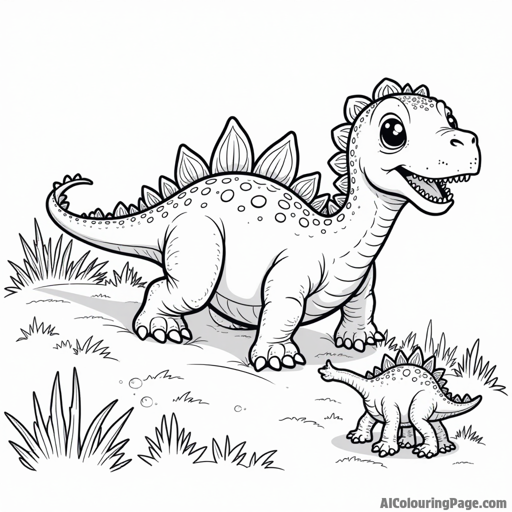 A playful ankylosaurus rolling down a grassy hill while a curious baby dinosaur watches nearby with wide eyes.