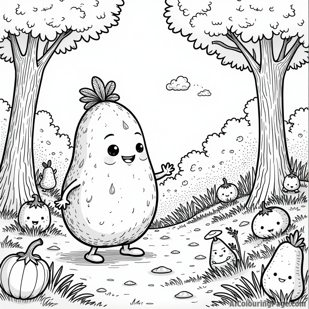 An adventurous sweet potato exploring a magical forest filled with talking vegetables and whimsical creatures.