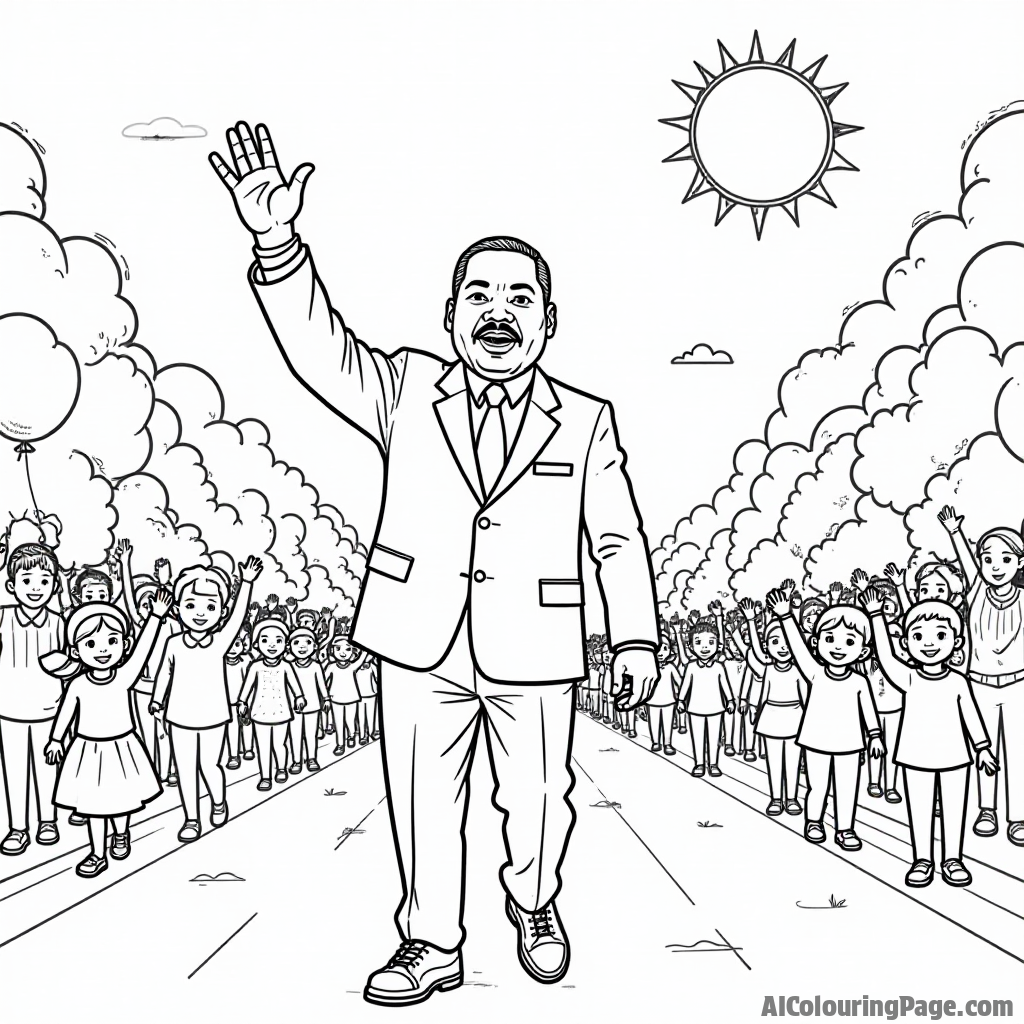 An imaginative scene of Martin Luther King Jr. leading a parade, with floats and balloons, kids waving flags, and a bright sun in the sky, outlined for vibrant coloring.