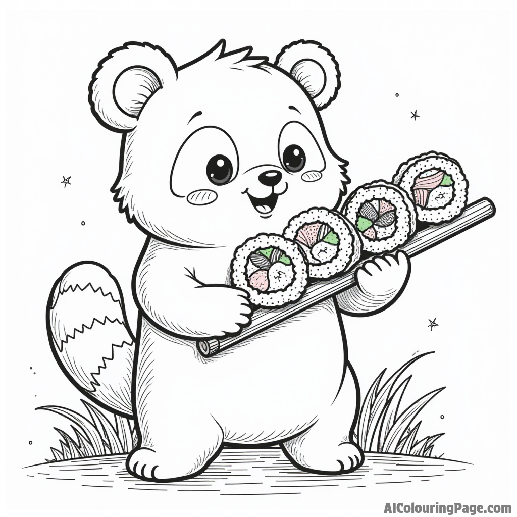 A cute bread panda holding a bamboo stick filled with sushi rolls, surrounded by rice and seaweed in a playful scene.