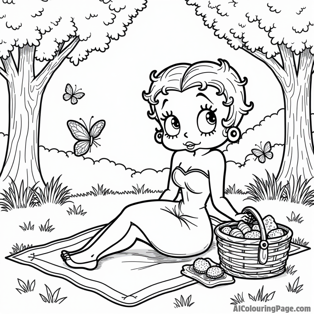 Betty Boop having a picnic in the park with a blanket, basket of goodies, and cheerful butterflies fluttering around