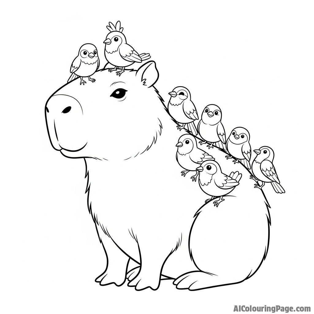 A capybara with several small birds perched on its head and back.