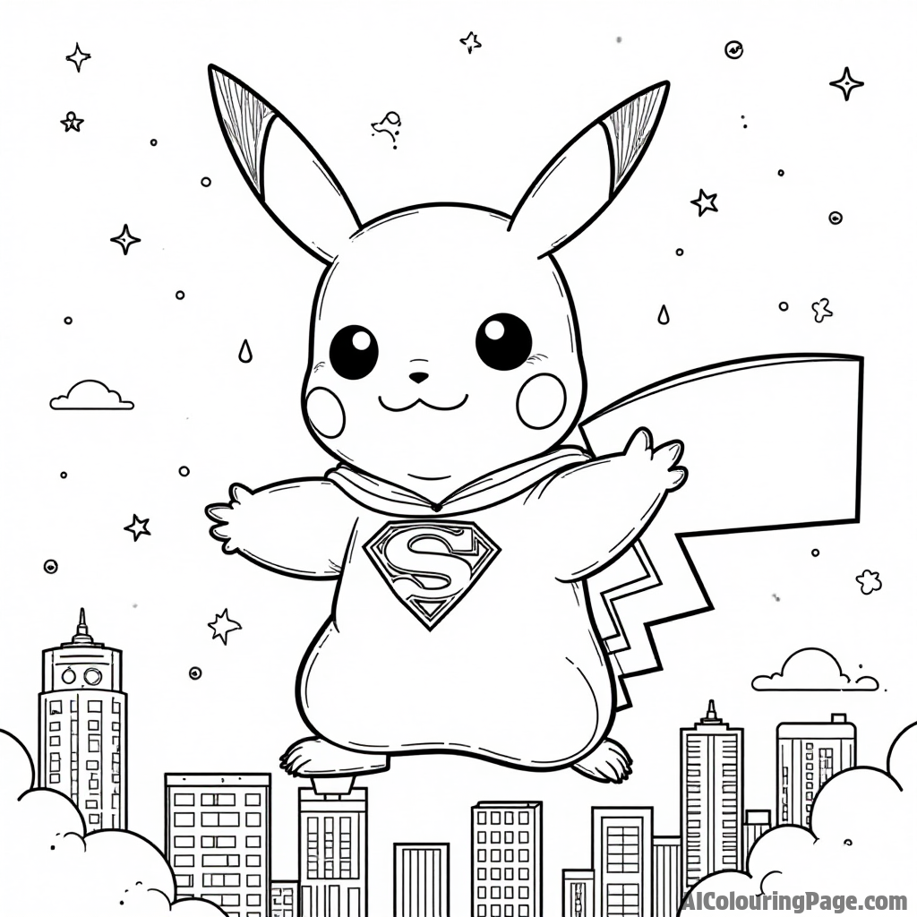 Pikachu dressed as a superhero flying over a city skyline with clouds and stars in the night sky