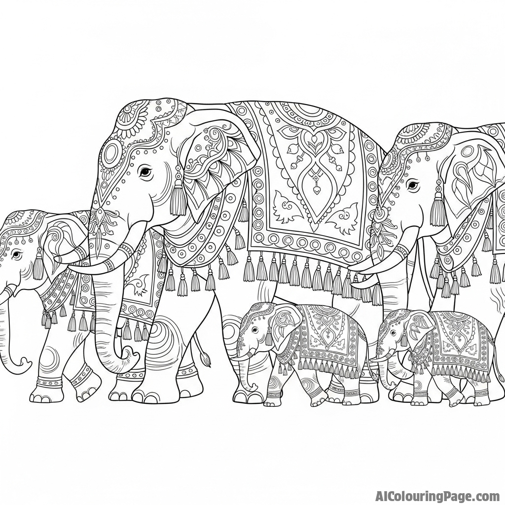 A procession of elephants decorated with intricate, ceremonial patterns for a festival.