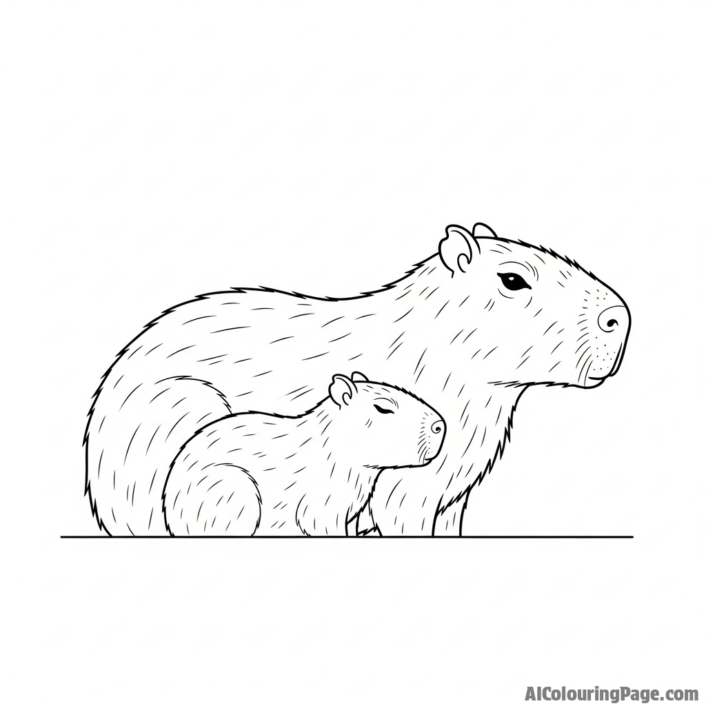 A baby capybara nuzzling against its mother.