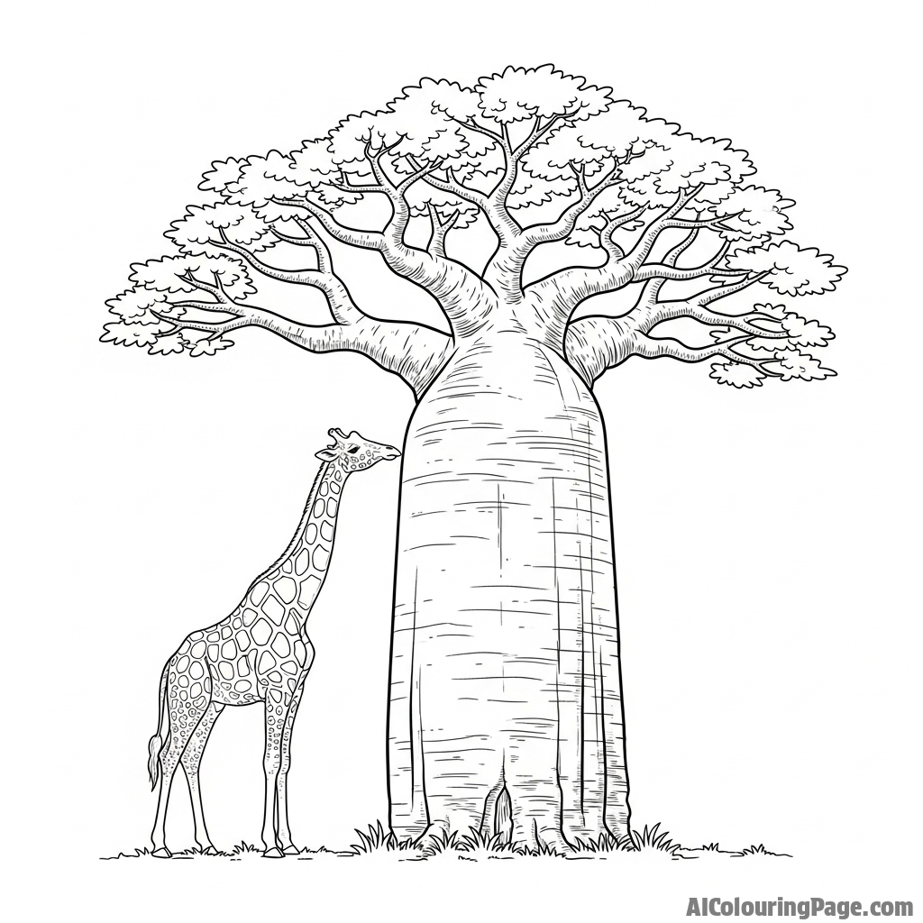 A giraffe standing beside a massive, ancient baobab tree for scale.