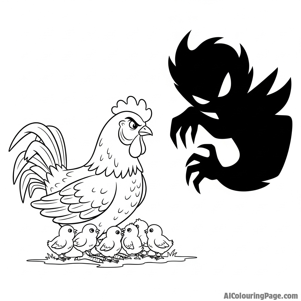 A brave hen defending her chicks from a shadow.