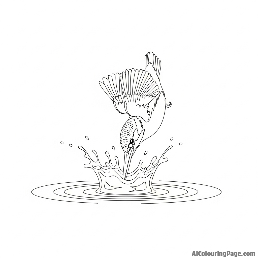 A kingfisher diving headfirst into a still pond, creating a perfect splash