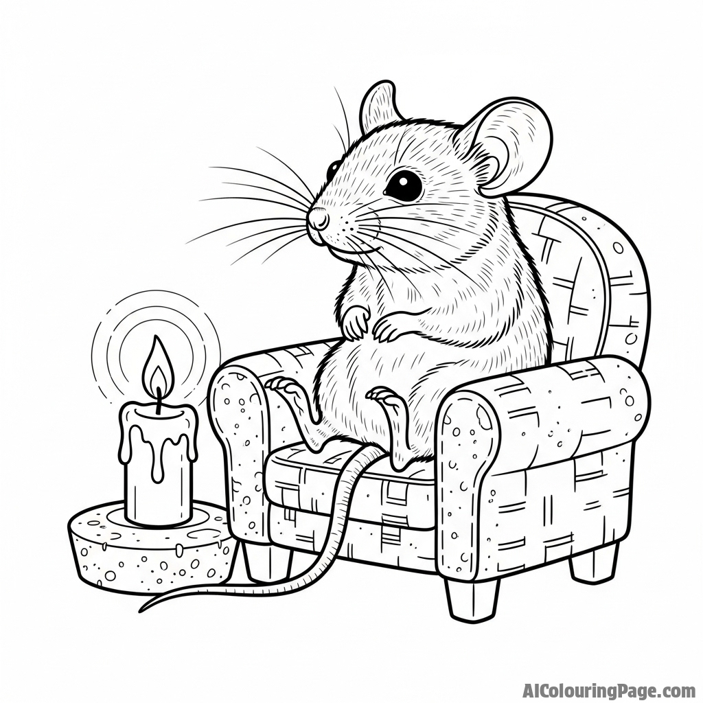 A mouse in a tiny armchair made of cork, warming itself by the flickering light of a candle.