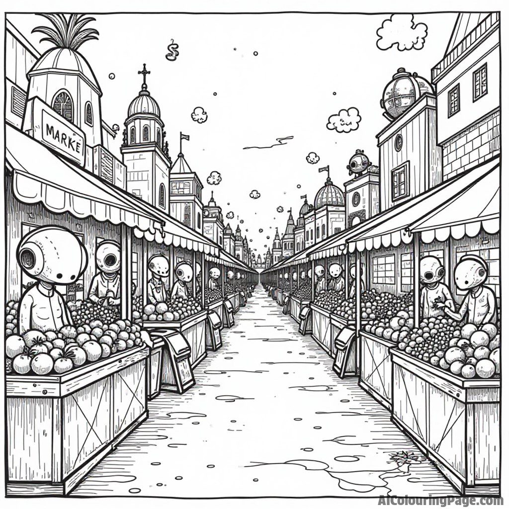 A whimsical alien market filled with unusual fruits and colorful vendors, blending fantasy and science fiction for imaginative play.