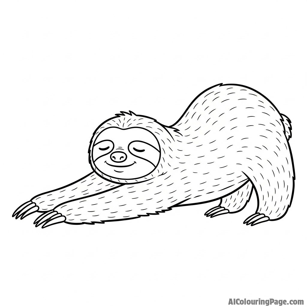 A sloth in the middle of a long, slow stretch, its limbs fully extended.