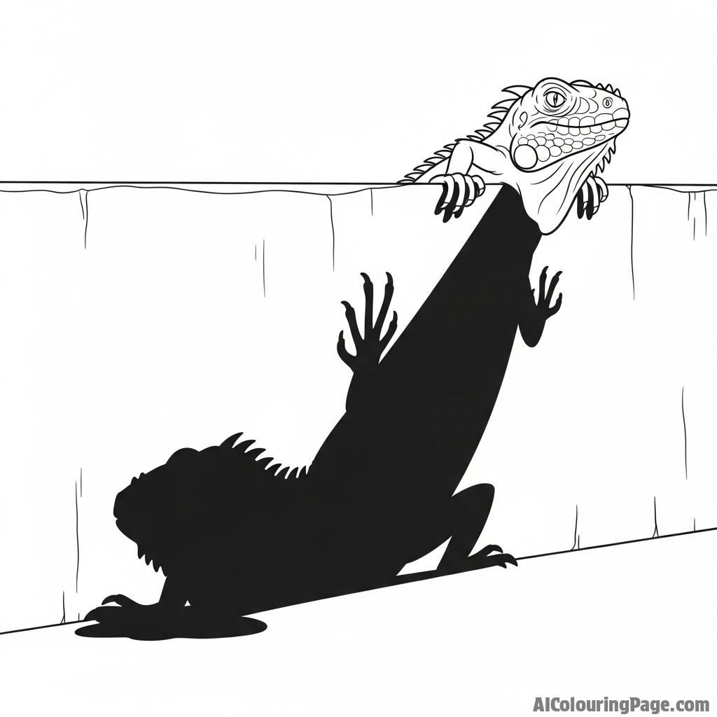 An iguana's shadow cast long against a stark, flat wall at midday.