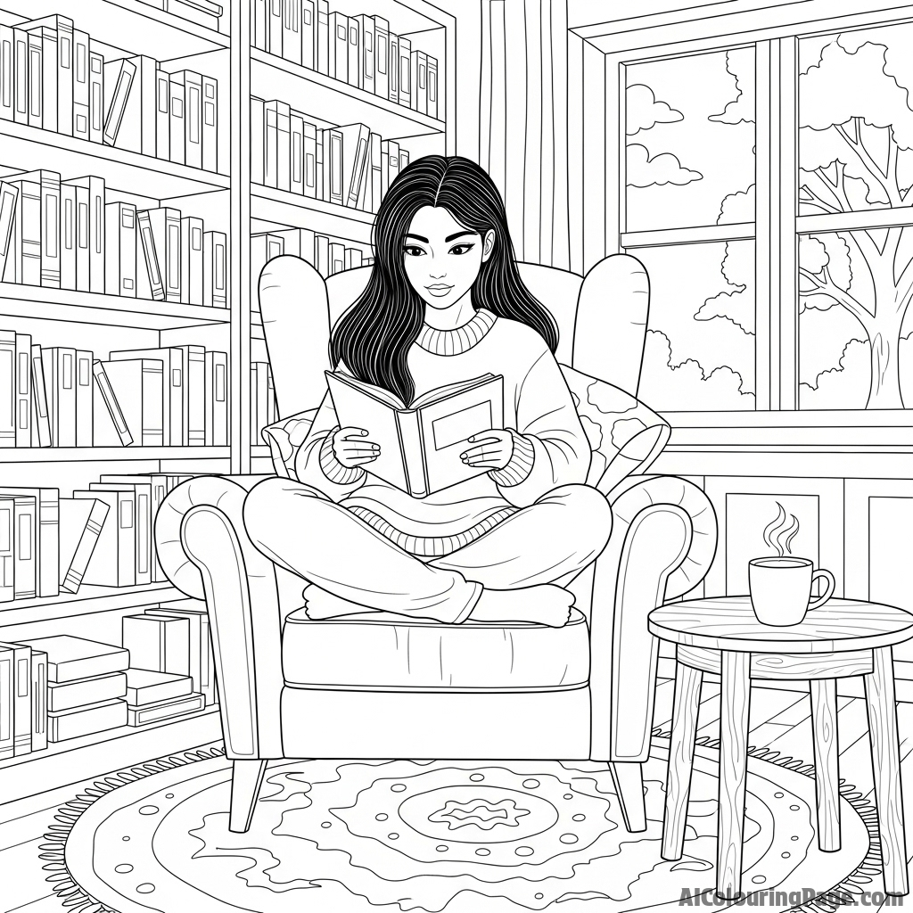 Aphmau reading a book in a cozy library setting.