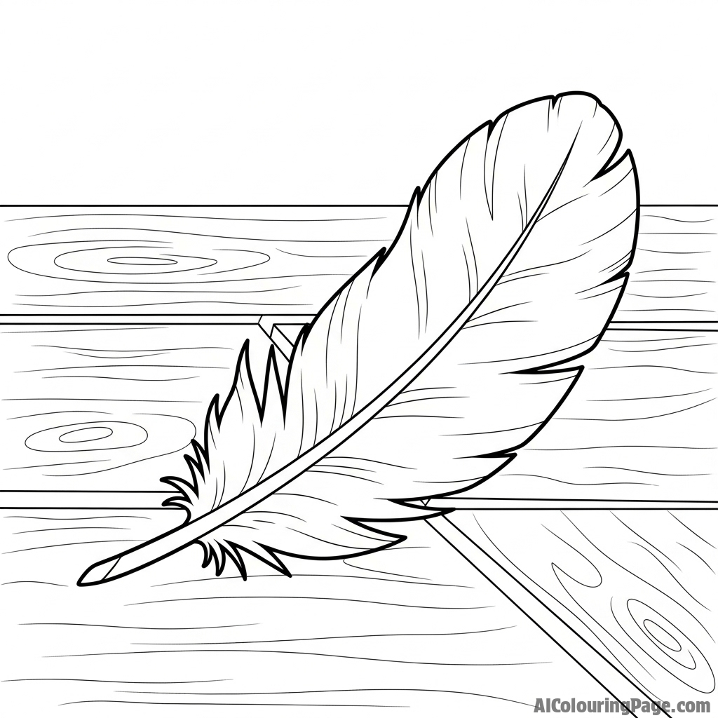 A single feather from a chicken, lying on a wooden table, macro detail.