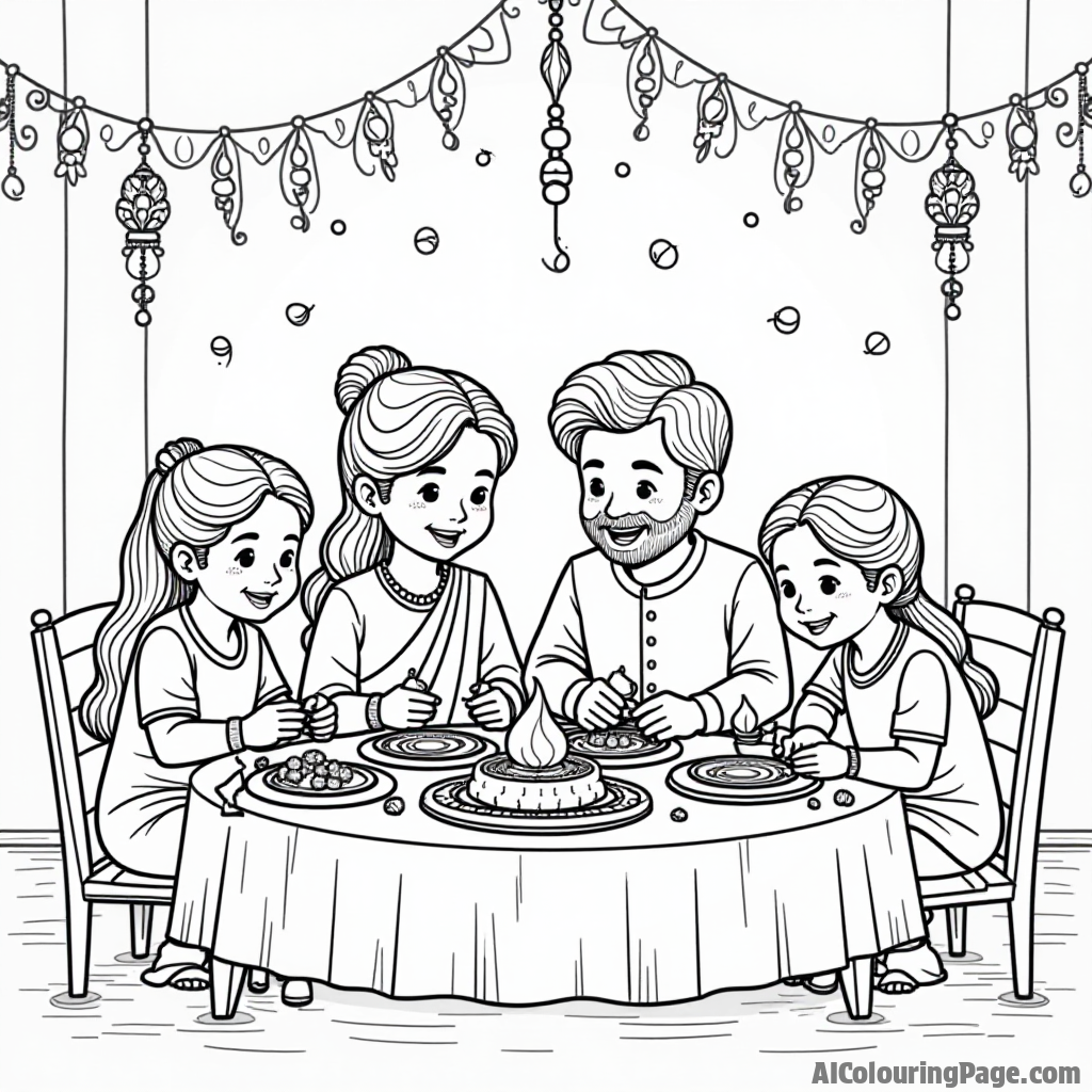 A charming family gathered around a table, crafting handmade decorations and preparing sweets, emphasizing the importance of tradition and creativity during Diwali for Festivals and Traditions Coloring Sheets.