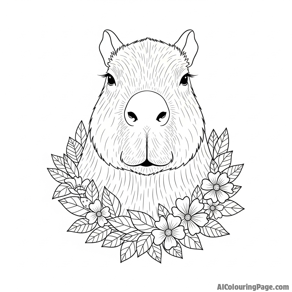 A capybara wearing a garland of leaves and blossoms.