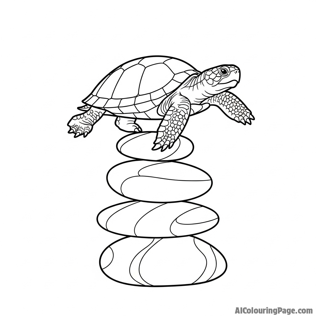 A turtle balancing precariously on a stack of smooth stones.