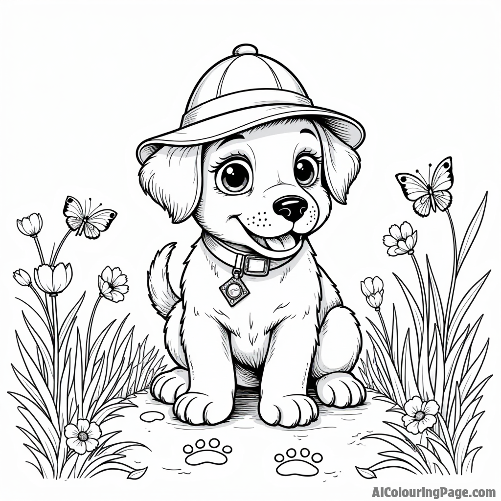 A puppy detective wearing a magnifying glass hat investigates paw prints on a garden path surrounded by flowers and butterflies.