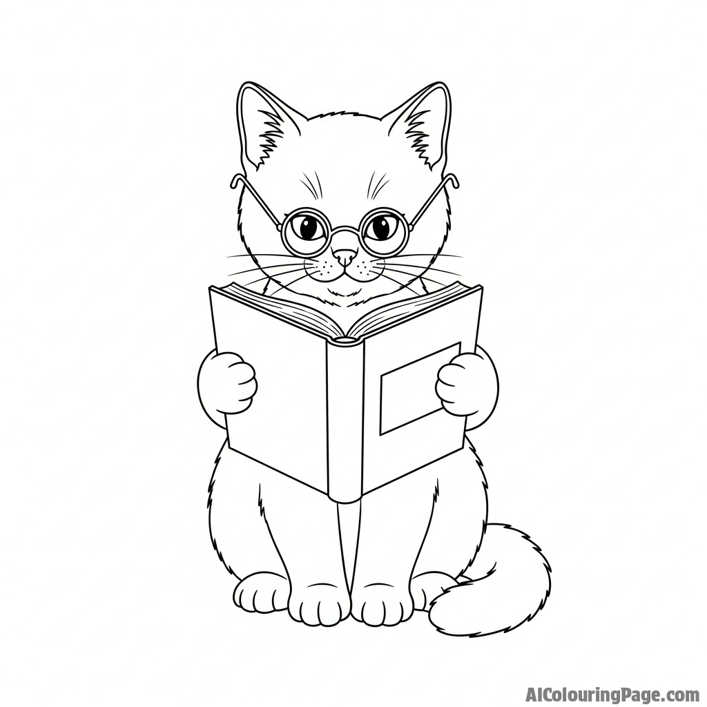 A cat as a scholar, wearing tiny spectacles and reading a book.