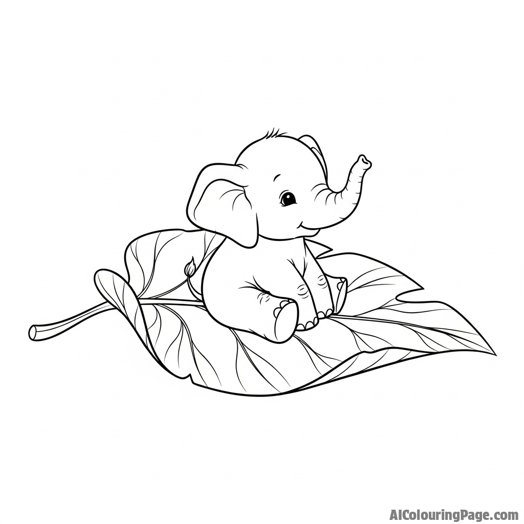 A tiny elephant, the size of a teacup, sitting on a leaf.