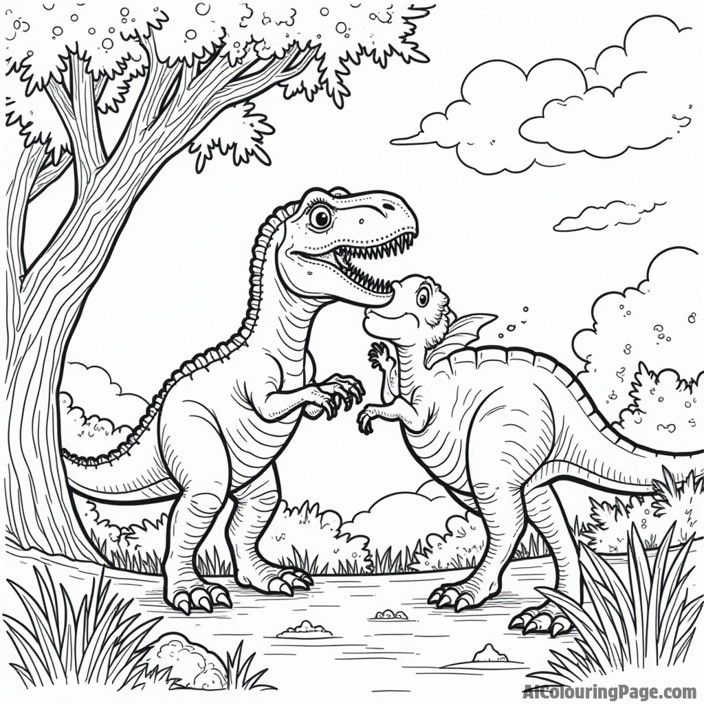 A scene of a dinosaur rescue mission where a brave dino helps a friend stuck in a tree.