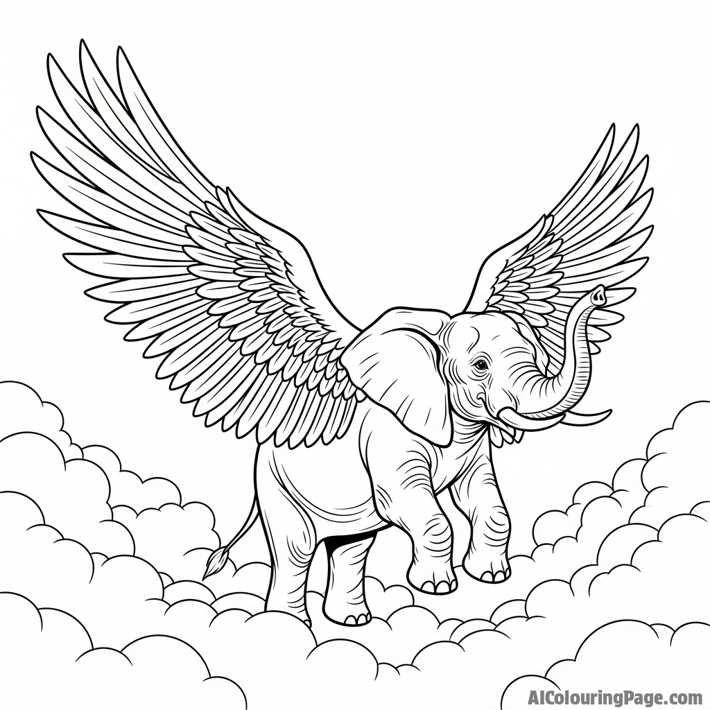 An elephant with enormous, feathery wings, gliding above the clouds.