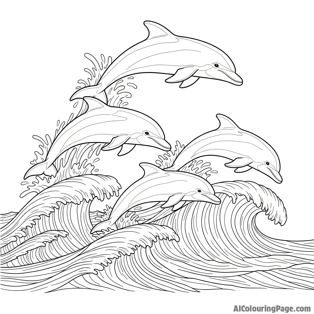 A pod of dolphins leaping joyfully through ocean waves