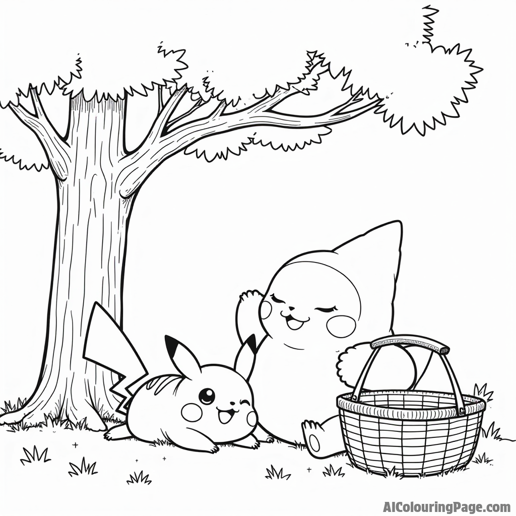 Pikachu and a happy Snorlax having a nap under a big tree with a picnic basket beside them