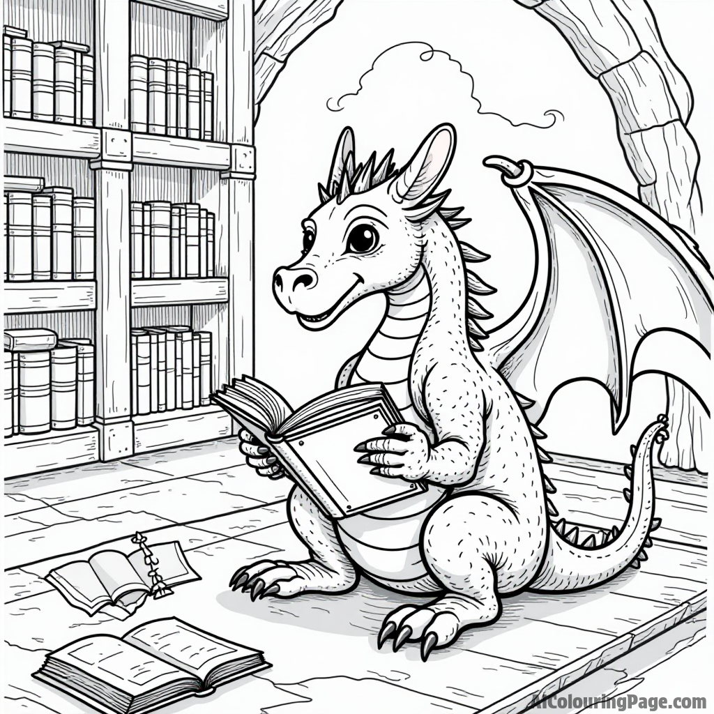 A wise old dragon reading a book in a cozy library filled with scrolls and magical artifacts.