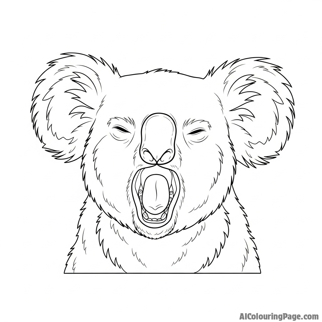 A koala in mid-yawn, revealing its mouth and tongue.