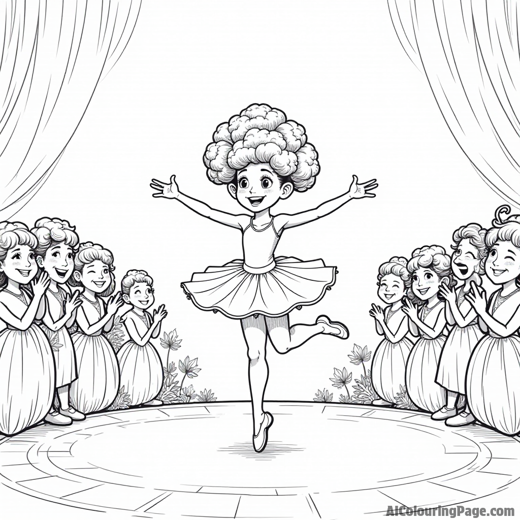 A broccoli ballerina performing on stage surrounded by applauding vegetable audience members, with bright spotlights shining down.