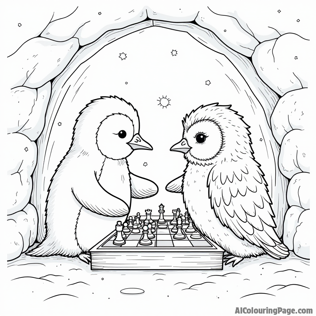 A penguin playing chess with a wise owl in a cozy igloo, surrounded by snowflakes and warm light.