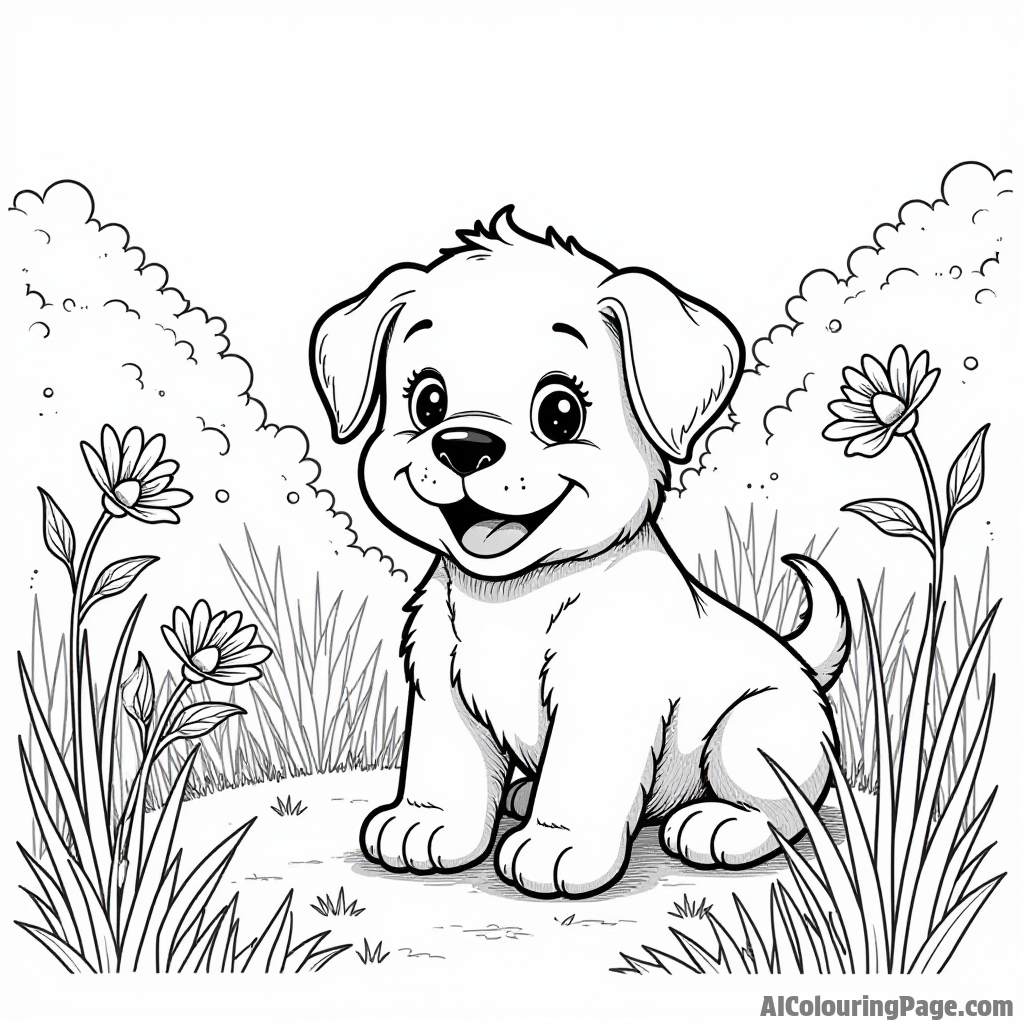 A puppy playing hide and seek in a field, with flowers, tall grass, and friends peeking out from behind bushes.