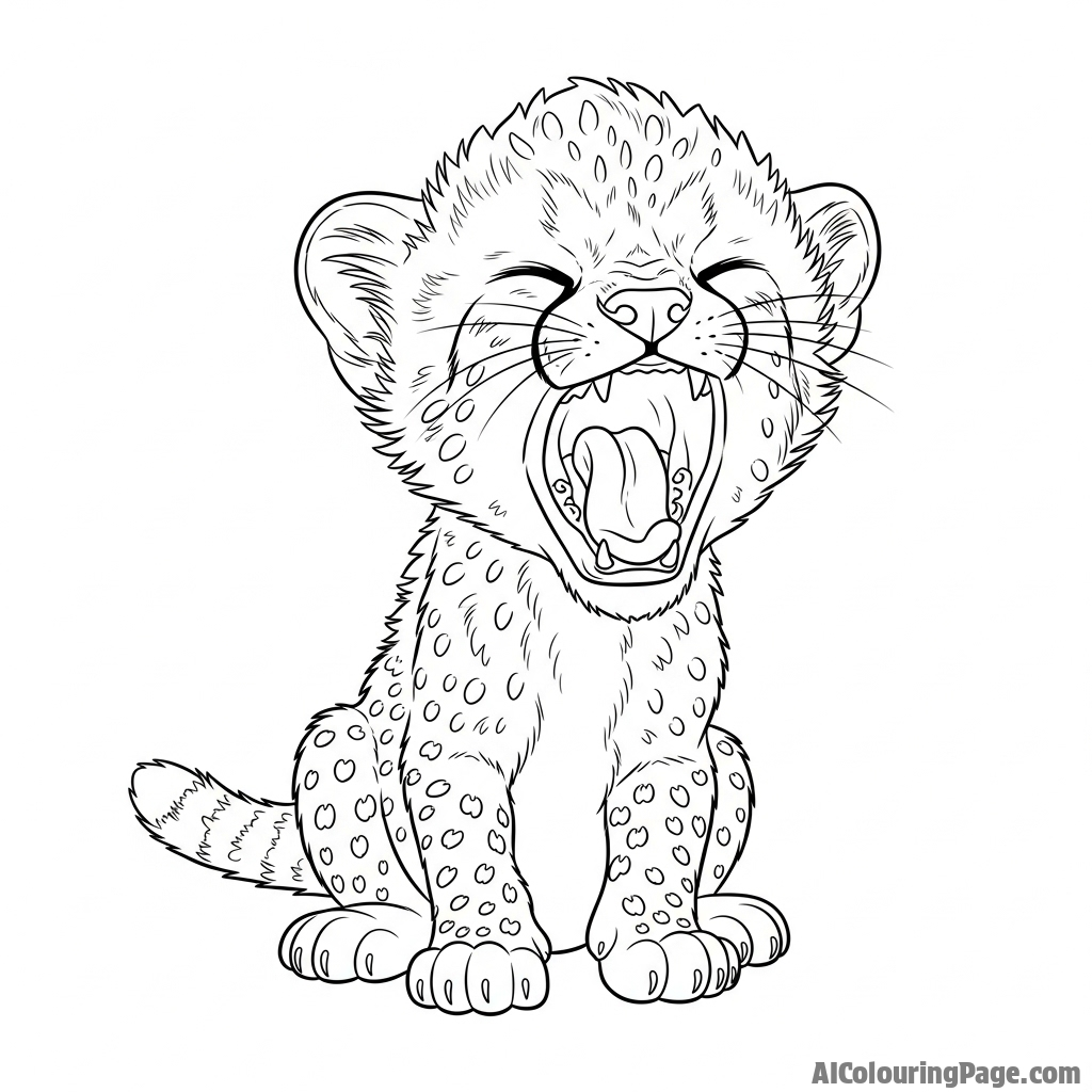 A very young cheetah cub with a comically oversized and dramatic yawn.