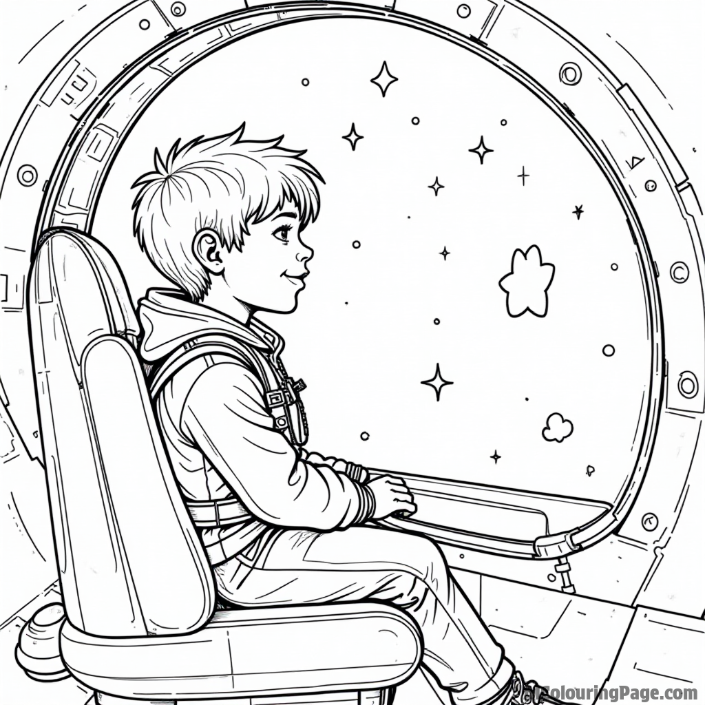 A brave young pilot sitting in a starfighter cockpit, gazing at a star-filled space through the transparent window.